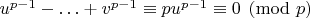 $u^{p-1}-\ldots+v^{p-1} \equiv pu^{p-1} \equiv 0 \pmod{p}$