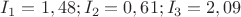 $I_1 = 1,48; I_2 = 0,61; I_3 = 2,09$