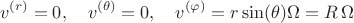 $$
v^{(r)} = 0, \quad
v^{(\theta)} = 0, \quad
v^{(\varphi)} = r \sin(\theta) \Omega = R \, \Omega
$$