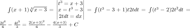 $\int (x+1) \sqrt[3]{x-3}=\begin{vmatrix}
{t}^{3}=x+3\\ 
x={t}^{3}-3\\
2tdt=dx
\end{vmatrix}
=\int ({t}^{3}-3+1)t2tdt=\int ({t}^{3}-2){2t}^{2}dt=\frac{{2t}^{6}}{6}-\frac{{4t}^{3}}{3}=\frac{2{(x+3)}^{2}}{6}-\frac{4(x+3)}{3}+C$