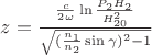 $z=\frac{\frac{c}{2\omega}\ln{\frac{P_2H_2}{H_{20}^2}}}{\sqrt{(\frac{n_1}{n_2}\sin\gamma)^2-1}}}$
