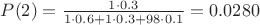 $P(2)=\frac{1\cdot0.3}{1\cdot0.6+1\cdot0.3+98\cdot0.1}=0.0280$