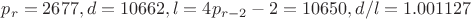 $p_r=2677, d=10662, l=4p_{r-2}-2=10650, d/l=1.001127$