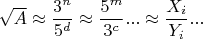 $\sqrt{A} \approx \dfrac{3^n}{5^d}  \approx  \dfrac{5^m}{3^c}...\approx \dfrac{X_i}{Y_i}...$