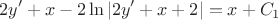 $$2y'+x-2 \ln|2y'+x+2| = x + C_{1}$$