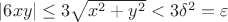 $|6xy|\le 3\sqrt{x^2+y^2}<3\delta^2=\varepsilon$