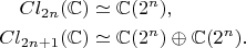$$
\begin{align}
Cl_{2n}(\mathbb C)&\simeq\mathbb C(2^{n}),\\
Cl_{2n+1}(\mathbb C)&\simeq\mathbb C(2^{n})\oplus\mathbb C(2^{n}).
\end{align}
$$