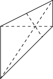\begin{tikzpicture} \draw (0,0)--(0,2)--(2,3)--(2,2)--cycle; \draw[dashed] (0,0)--(2,3); \draw[dashed] (0,2)--(2,2);  \clip (0,0)--(0,2)--(2,3)--(2,2)--cycle; \draw[dashed] (1,2.5)--(2,1); \end{tikzpicture}