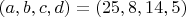 $(a,b,c,d)=(25,8,14,5)$