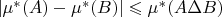 $\left\lvert\mu^*(A)-\mu^*(B)\right\rvert\leqslant\mu^*(A\Delta{B})$