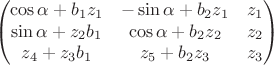 $$\begin{pmatrix}
 \cos\alpha+b_1 z_1&-\sin\alpha+b_2 z_1  & z_1\\
 \sin\alpha+z_2 b_1& \cos\alpha+b_2 z_2 & z_2\\
z_4+z_3 b_1 & z_5+b_2 z_3 & z_3
\end{pmatrix}$$