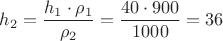 ${h_2}=\dfrac{{h_1}\cdot{\rho_1}}{\rho_2}=\dfrac{{40}\cdot{900}}{1000}=36$