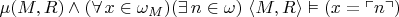 $\mu(M,R)\land(\forall\,x\in\omega_M)(\exists\,n\in\omega)\ \langle M,R\rangle\vDash(x=\ulcorner n\urcorner)$