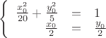 $\left\{
\begin{array}{rcl}
 \frac{x_0^2}{20}+\frac{y_0^2}{5}&=&1 \\
 \frac{x_0}{2}&=&\frac{y_0^}{2}  \\
\end{array}
\right.$