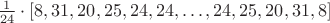 $\frac 1 {24} \cdot \left[8, 31, 20, 25, 24, 24, \dots, 24, 25, 20, 31, 8\right]$