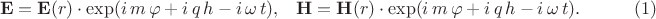 $$\begin{xalignat*}{3}&\mathbf E=\mathbf E(r)\cdot\exp(i\,m\,\varphi+i\,q\,h-i\,\omega\,t),
&&\mathbf H=\mathbf H(r)\cdot\exp(i\,m\,\varphi+i\,q\,h-i\,\omega\,t).&&\qquad\eqno{(1)}\end{xalignat*}$$