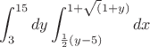 $$\int_{3}^{15} dy \int_{\frac12(y-5)}^{1+\sqrt (1+y)}dx$$