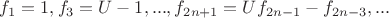 $f_1=1,f_3=U-1,...,f_{2n+1}=Uf_{2n-1}-f_{2n-3},...$