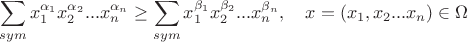 $$\sum\limits_{sym}x_1^{\alpha_1}x_2^{\alpha_2}...x_n^{\alpha_n}\ge \sum\limits_{sym}x_1^{\beta_1}x_2^{\beta_2}...x_n^{\beta_n}, \quad x=(x_1,x_2...x_n)\in \Omega$$ $$\sum\limits_{sym}x_1^{\alpha_1}x_2^{\alpha_2}...x_n^{\alpha_n}\ge \sum\limits_{sym}x_1^{\beta_1}x_2^{\beta_2}...x_n^{\beta_n}, \quad x=(x_1,x_2...x_n)\in \Omega$$