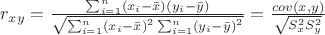 $r_{xy} = \frac {\sum_{i=1}^{n} \left( x_i-\bar{x} \right)\left( y_i-\bar{y} \right)}{\sqrt{\sum_{i=1}^{n} \left( x_i-\bar{x} \right)^2 \sum_{i=1}^{n} \left( y_i-\bar{y} \right)^2}} = \frac {cov(x,y)}{\sqrt{S_x^2S_y^2}} $