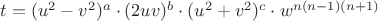 $t=(u^2-v^2)^a\cdot (2uv)^b\cdot (u^2+v^2)^c\cdot w^{n(n-1)(n+1)}$