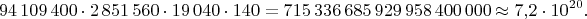 $$94\,109\,400\cdot 2\,851\,560\cdot 19\,040\cdot 140=715\,336\,685\,929\,958\,400\,000\approx 7{,}2\cdot 10^{20}.$$