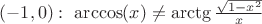 $(-1, 0): \,\,\arccos(x) \ne \arctg \frac{\sqrt{1-x^2}}{x} $