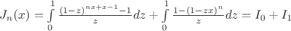 $J_n(x) = \int \limits_0^1 \frac {(1-z)^{nx+x-1} - 1}{z}dz + \int \limits_0^1 \frac {1 - (1-zx)^n}{z}dz = I_0 + I_1$