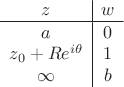 $$\begin{array}{c|c} z & w \\
\hline
a&0\\
z_0+Re^{i\theta}&1\\
\infty&b\\
\end{array}$$