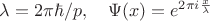 $\displaystyle{\lambda = 2 \pi \hbar/p,\quad \Psi(x)=e^{2\pi i\frac{x}{\lambda}} }$