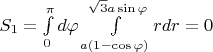$S_1=\int\limits_0^\pi d\varphi \int\limits^{\sqrt 3 a\sin\varphi }_{a(1-\cos\varphi)}rdr=0$