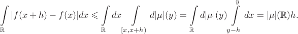 $$
\int\limits_{\mathbb R} |f(x+h)-f(x)|dx\leqslant\int\limits_\mathbb Rdx\int\limits_{[x,x+h)}d|\mu|(y)=\int\limits_\mathbb R d|\mu|(y)\int\limits_{y-h}^y dx=|\mu|(\mathbb R)h.
$$
