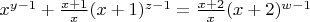 $x^{y-1} + \frac{x+1}{x}(x+1)^{z-1}=\frac{x+2}{x}(x+2)^{w-1}$