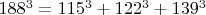 $188^3=115^3+122^3+139^3$