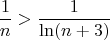 \[
\frac{1}
{n} > \frac{1}
{{\ln (n + 3)}}
\]