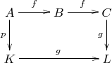 $\xymatrix{
A \ar[r]^f \ar[d]_p & B  \ar[r]^f  & C \ar[d]_{g}   \\                                 
K \ar[rr]^g    &         &L}$