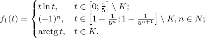 $ f_1(t) = \begin {cases} t \ln{t}, & t\in {\left [ 0; \frac{4}{5} \right ] } \setminus K; \\
(-1)^n, & t \in  \left [ 1- \frac{1}{5^n}; 1 - \frac{1}{5^{n+1}} \right ] \setminus K, n \in N; \\
\arctg{t}, & t \in K. \end{cases} $
