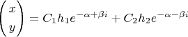 $
\[
\left( \begin{gathered}
  x \hfill \\
  y \hfill \\ 
\end{gathered}  \right) = C_1 h_1 e^{ - \alpha  + \beta i}  + C_2 h_2 e^{ - \alpha  - \beta i} 
\]$