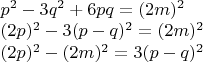 $\\p^2-3q^2+6pq=(2m)^2\\
(2p)^2-3(p-q)^2=(2m)^2\\
(2p)^2-(2m)^2=3(p-q)^2
$