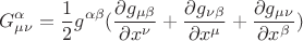 $$G^\alpha_{\mu \nu} = \frac 1 2 g^{\alpha \beta} (\frac { \partial g_{\mu \beta}} {\partial x^\nu}  +  \frac { \partial g_{\nu \beta}} {\partial x^\mu}  +  \frac { \partial g_{\mu \nu}} {\partial x^\beta})$$