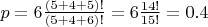 $p=6\frac{(5+4+5)!}{(5+4+6)!}=6\frac{14!}{15!}=0.4$