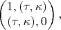 $$\left(\begin{matrix}1, (\tau,\kappa)\\ (\tau,\kappa), 0\end{matrix}\right),$$