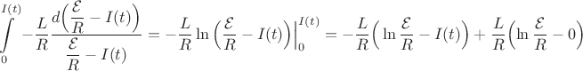 $\displaystyle\int\limits_0^{I(t)} -\dfrac{L}{R} \dfrac{d\Big(\dfrac{\mathcal{E}}{R}-I(t)\Big)}{\dfrac{\mathcal{E}}{R}-I(t)}=-\dfrac{L}{R}\ln\Big({\dfrac{\mathcal{E}}{R}-I(t)}\Big)\Bigr|_0^{I(t)}=-\dfrac{L}{R}\Big(\ln{\dfrac{\mathcal{E}}{R}-I(t)\Big)+\dfrac{L}{R}\Big({\ln\dfrac{\mathcal{E}}{R}-0\Big)$ $\displaystyle\int\limits_0^{I(t)} -\dfrac{L}{R} \dfrac{d\Big(\dfrac{\mathcal{E}}{R}-I(t)\Big)}{\dfrac{\mathcal{E}}{R}-I(t)}=-\dfrac{L}{R}\ln\Big({\dfrac{\mathcal{E}}{R}-I(t)}\Big)\Bigr|_0^{I(t)}=-\dfrac{L}{R}\Big(\ln{\dfrac{\mathcal{E}}{R}-I(t)\Big)+\dfrac{L}{R}\Big({\ln\dfrac{\mathcal{E}}{R}-0\Big)$