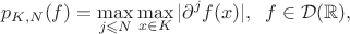 $$
p_{K,N}(f)= \max_{j\leqslant N}\max_{x\in K} |\partial^j f(x)|, \;\; f\in \mathcal D(\mathbb R),
$$