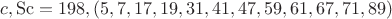 $c,{\rm  Sc = 198}{\rm ,  }\left( {{\rm 5}{\rm ,7}{\rm ,17}{\rm ,19}{\rm ,31}{\rm ,41}{\rm ,47}{\rm ,59}{\rm ,61}{\rm ,67}{\rm ,71}{\rm ,89}} \right)$