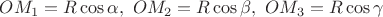 $OM_1=R\cos\alpha,\ OM_2=R\cos\beta,\ OM_3=R\cos\gamma$