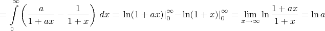 $$=\int\limits_{0}^{\infty}\left(\dfrac{a}{1+ax}-\dfrac{1}{1+x}\right)\,dx=\left.\ln(1+ax)\right|\limits_0^{\infty}-\left.\ln(1+x)\right|\limits_0^{\infty}=\lim\limits_{x\to\infty}\ln\dfrac{1+ax}{1+x}=\ln a$$