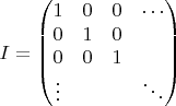 $$
I = \begin{pmatrix}
1 & 0 & 0 & \cdots \\
0 & 1 & 0& \\         
0 & 0 & 1 & \\
\vdots & & & \ddots
\end{pmatrix}
$$