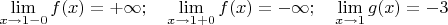 $$\lim _{x\rightarrow 1-0}{f(x)}=+ \infty; \quad \lim _{x\rightarrow 1+0}{f(x)}=- \infty; \quad \lim _{x\rightarrow 1}{g(x)}=-3$$