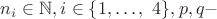$n_{i}\in \mathbb{N}, i\in{\{1,\ldots,\ 4}\}, p, q - $